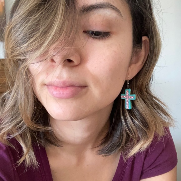 Turquoise Cross Earring with Pink Rhinestones - Picture 4 of 4